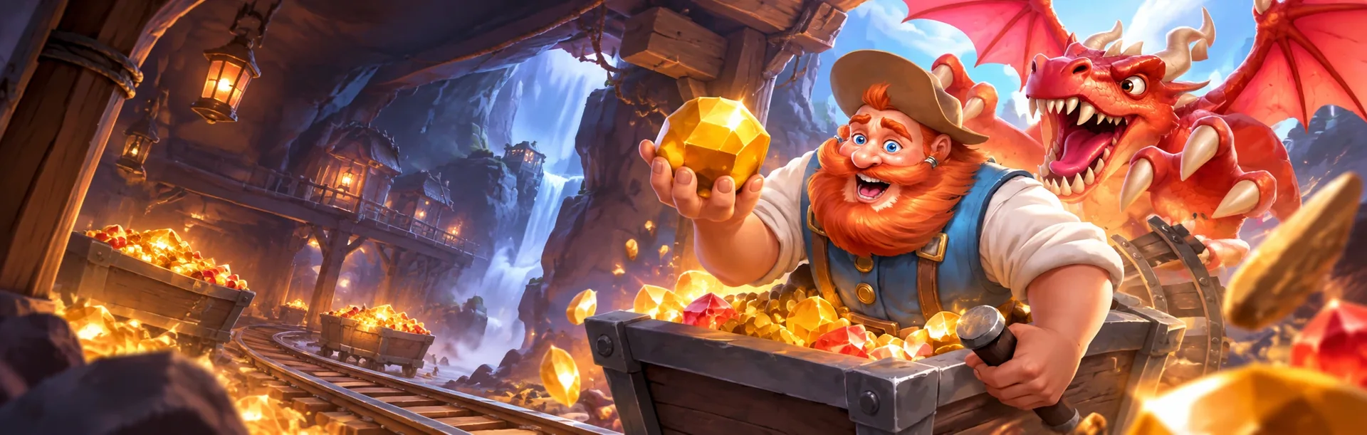 A dwarf and red dragon discovering gems in a treasure cave